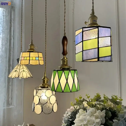 Decorbites led glass pendant lamp with brass fixtures and colorful stained glass wood pendant lamp shades