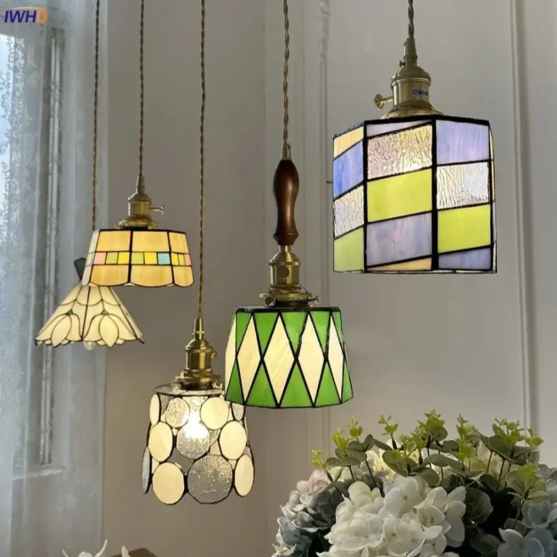 Decorbites led glass pendant lamp with brass fixtures and colorful stained glass wood pendant lamp shades