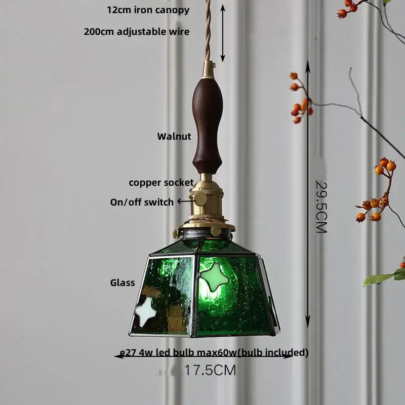 Green stained glass pendant lamp with dark walnut wood handle and brass accents from DecorBites LED glass series