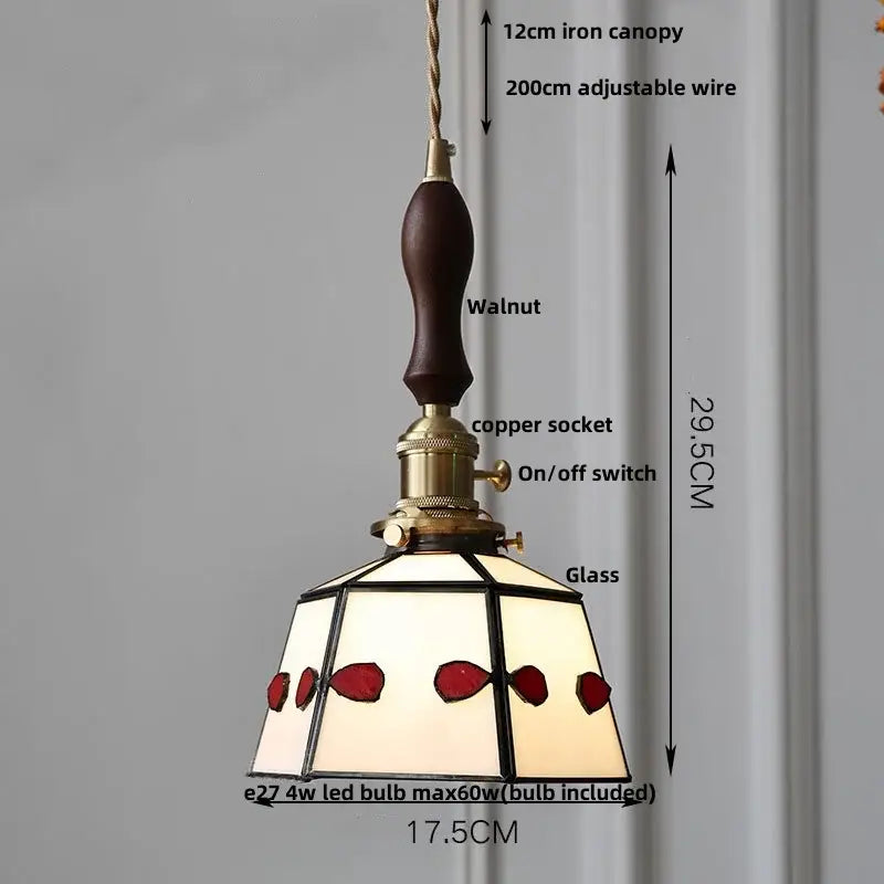 DecorBites LED glass and wood pendant lamp vintage copper with walnut handle and stained glass red leaf shade