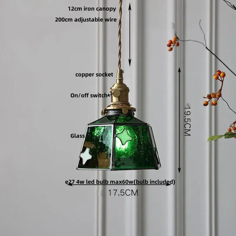 Green stained glass pendant lamp with brass-finished copper socket and on off switch by DecorBites LED glass and wood pendant lamp