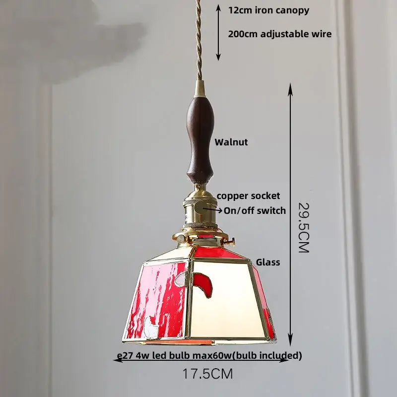 Decorbites led glass and wood pendant lamp with red and white stained glass and walnut-finished iron canopy