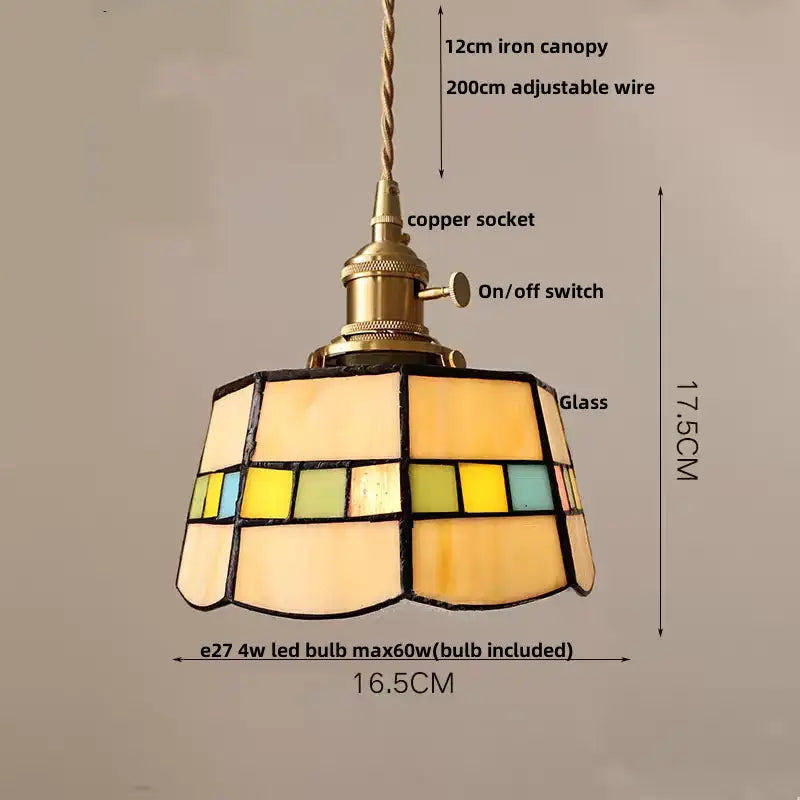 Decorbites led glass wood pendant lamp featuring vintage copper socket and stained glass shade with amber tones