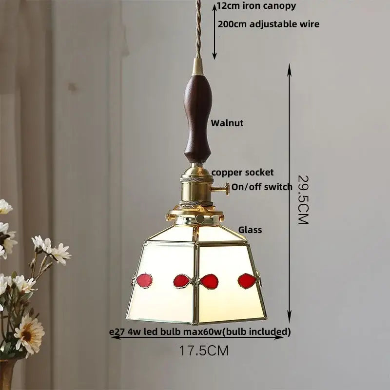 Vintage-style decorbites led glass and wood pendant lamp with dark walnut handle brass accents and red glass shade