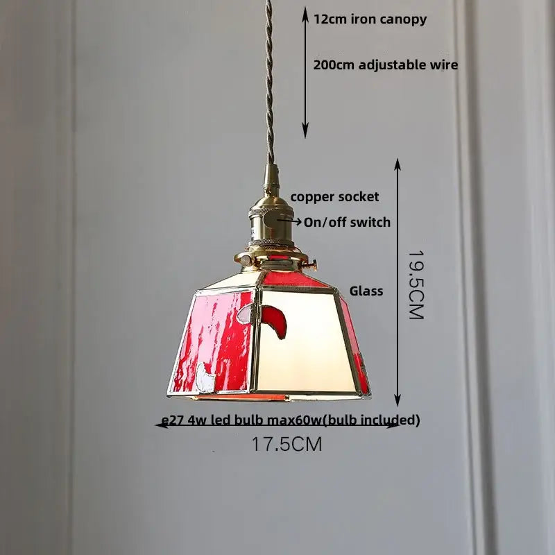 Decorbites led glass vintage copper pendant lamp with red and clear stained glass shade and adjustable iron canopy
