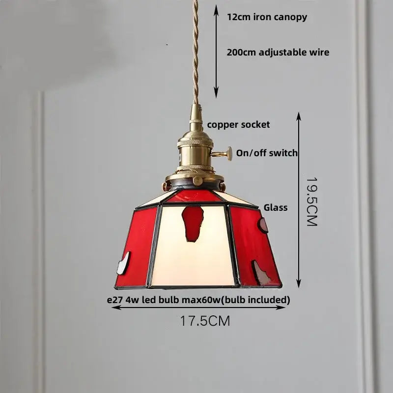 Red and cream stained glass pendant lamp with brass copper socket and switch by DecorBites LED glass wood pendant lamp