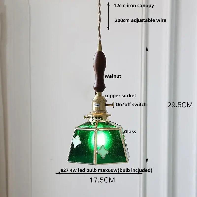 Green stained glass DecorBites LED glass pendant lamp with walnut wood canopy and brass hardware for vintage copper lighting