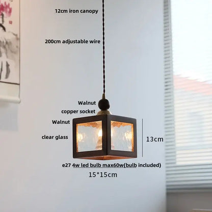 Decorbites™ led glass and wood pendant light with walnut iron frame and clear glass panels for aisle or coffee living room