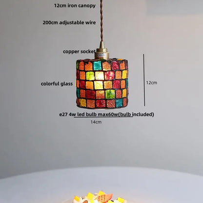 Decorbites™ led glass and wood cylindrical pendant light with colorful mosaic panels for aisle or coffee living room