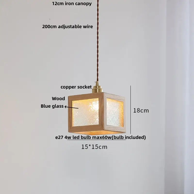 Decorbites™ led glass and wood pendant light with blue textured glass panels and copper socket for coffee living room
