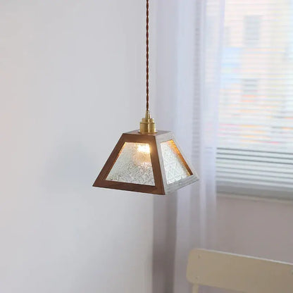DecorBites™ LED glass and wood pendant light warm-toned pyramid shape for Japanese style coffee living room aisle