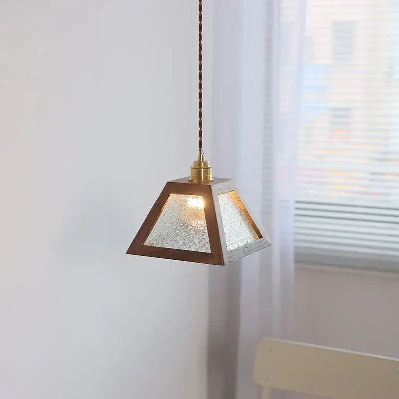 DecorBites™ LED glass and wood pendant light warm-toned pyramid shape for Japanese style coffee living room aisle