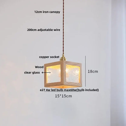 DecorBites™ warm-lit 18cm cube pendant light with natural wood frame and clear glass for aisle and living room
