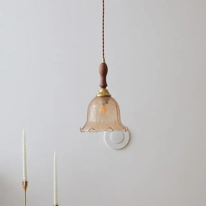 Decorbites led glass wood pendant light with peach glass bell shade wooden handle and brass accents for modern home décor