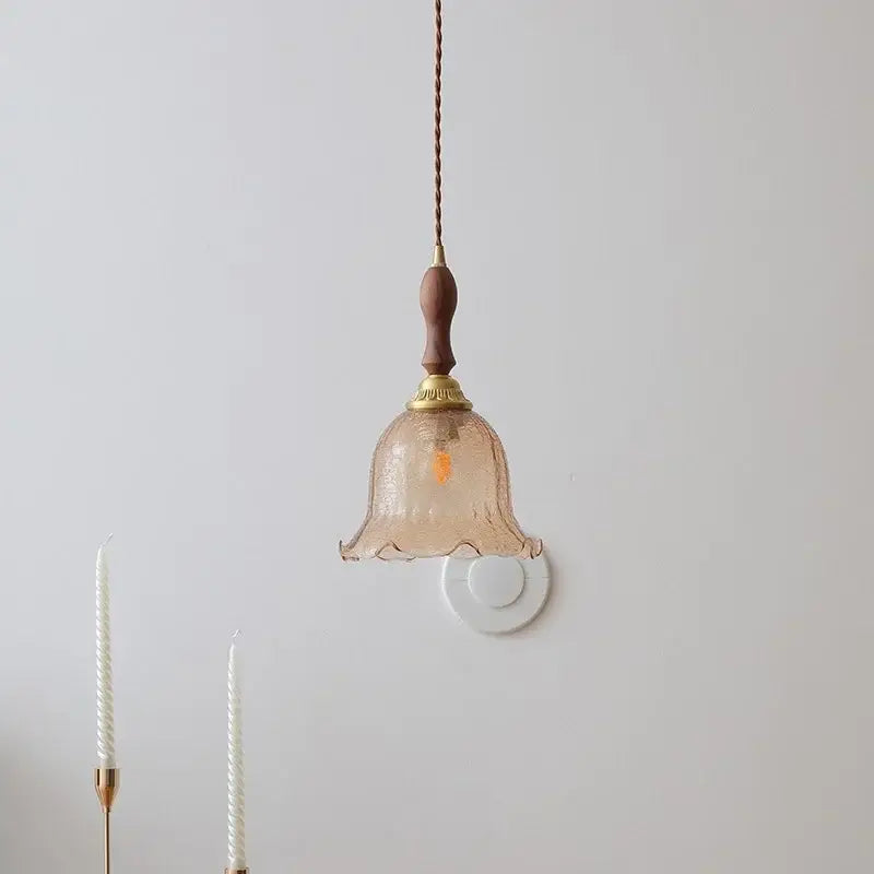 Decorbites led glass wood pendant light with peach glass bell shade wooden handle and brass accents for modern home décor