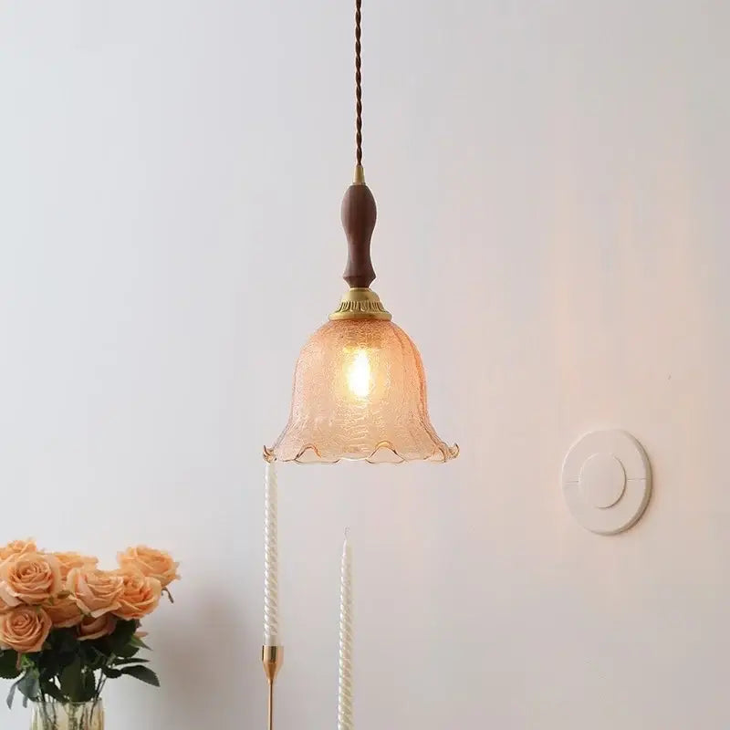 DecorBites™ led glass wood pendant light in warm amber with wooden handle and brass accents for modern home décor