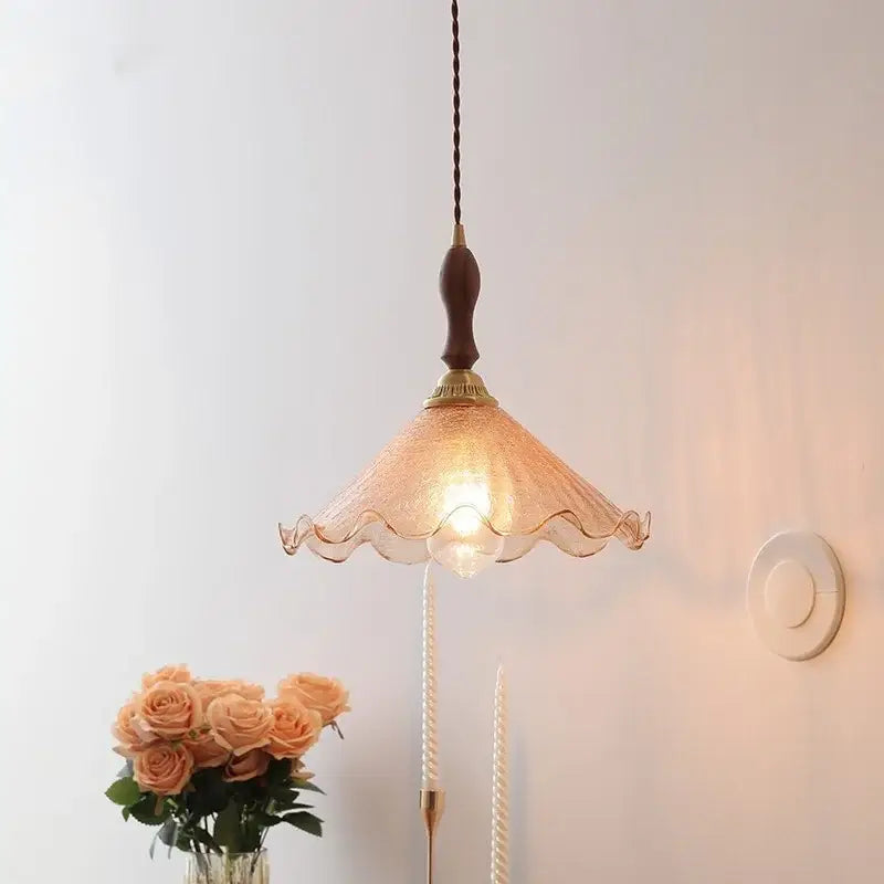 DecorBites™ warm-toned led glass wood pendant light with brass accents and scalloped edge for modern home décor
