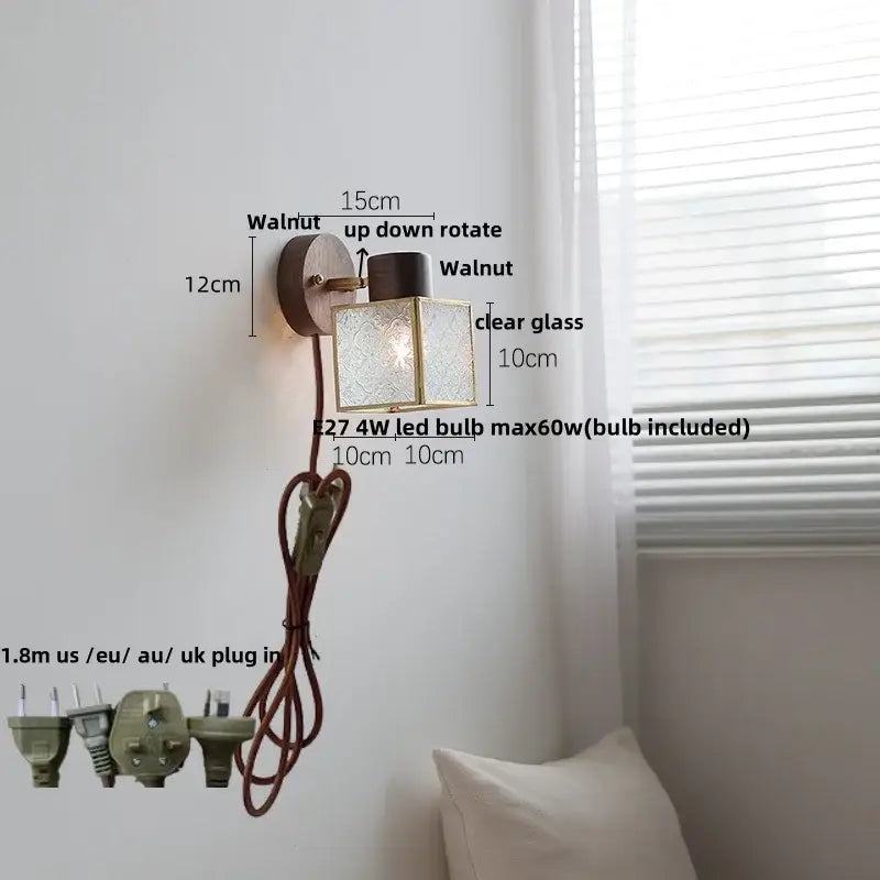 Decorbites™ led glass and wood wall lamp with walnut base clear etched glass shade brown cord and pull chain function