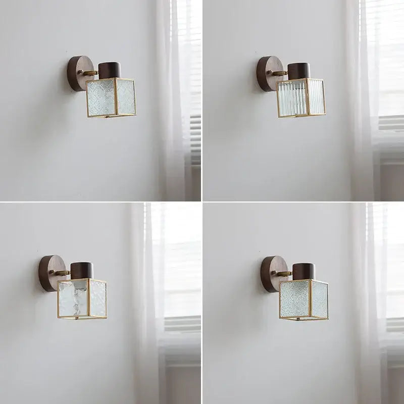DecorBites™ LED glass and wood wall lamp with square glass lantern brass frame and dark wood mounting plate