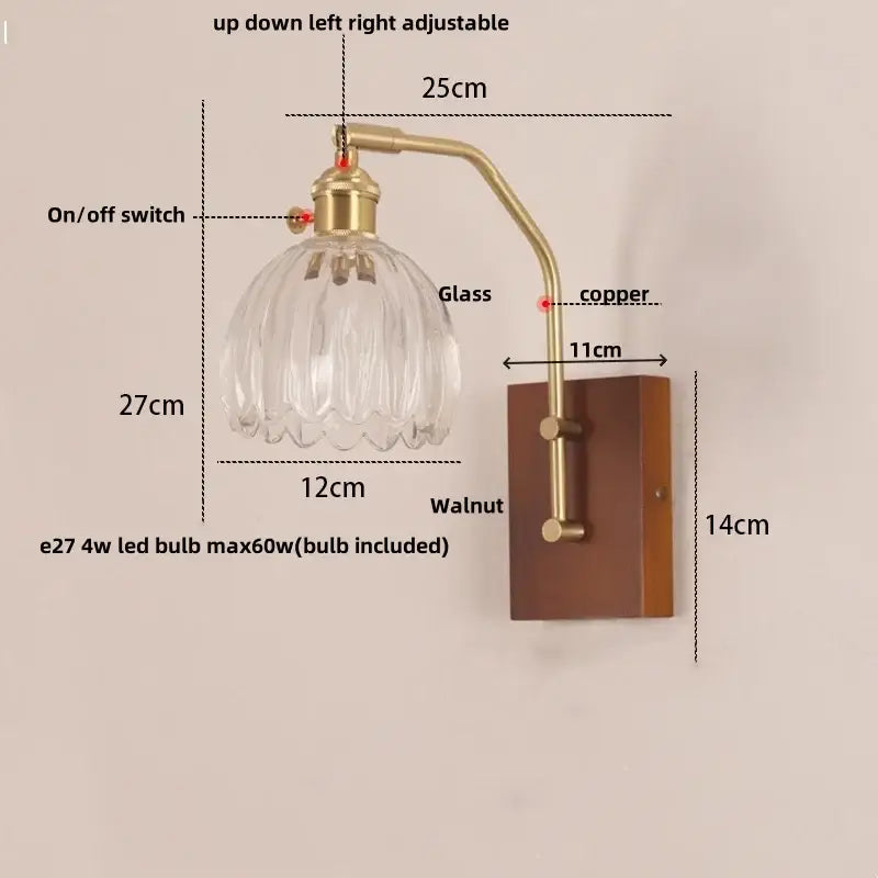 Decorbites™ led glass and wood wall lamp with brass copper finish and clear faceted shade on walnut base for living room