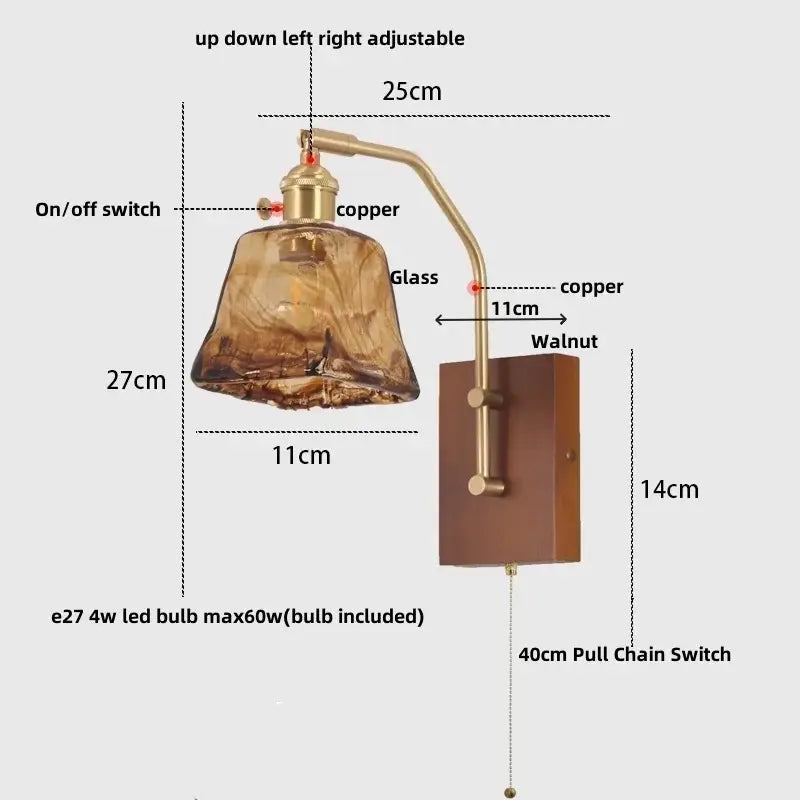 DecorBites™ vintage-style wall lamp with copper arm amber glass shade and walnut wood backplate for living spaces