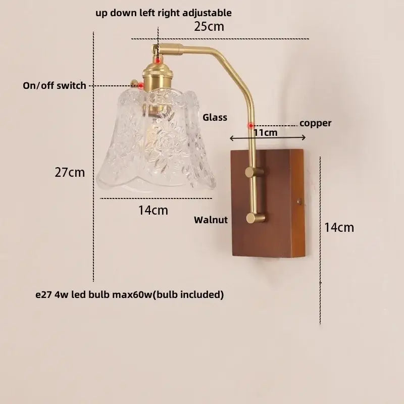 DecorBites™ LED glass and wood wall lamp with clear textured glass shade and adjustable brass arm on walnut base for living room