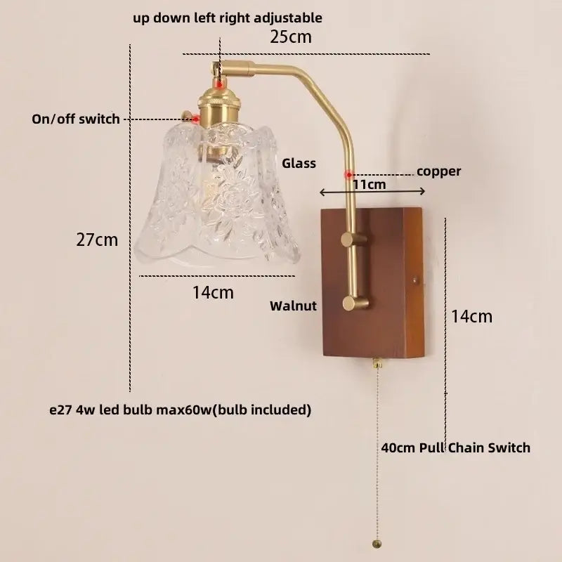 DecorBites™ LED wall lamp with clear etched glass shade, brass arm, and walnut wood base for living room or bedroom
