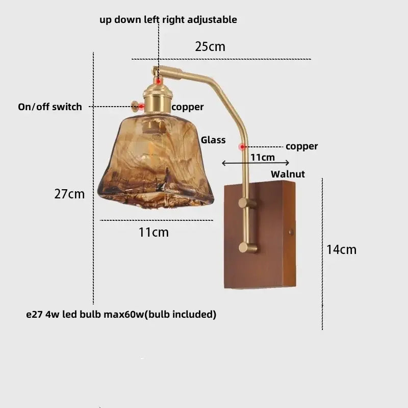 DecorBites™ LED glass and wood wall lamp with warm amber glass, copper arm, walnut plate, and adjustable design