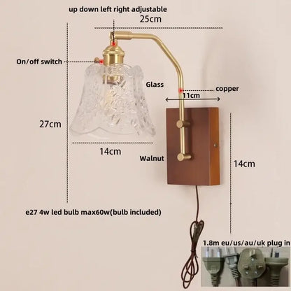 DecorBites™ LED glass and wood wall lamp with clear etched glass shade brass arm and pull chain switch for living room or bedroom
