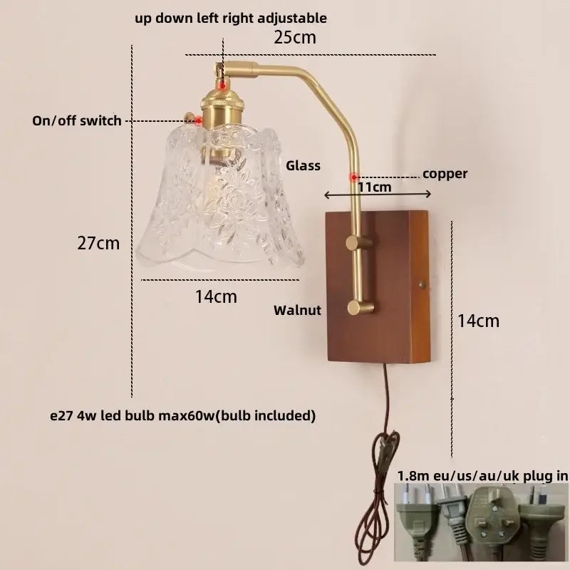 DecorBites™ LED glass and wood wall lamp with clear etched glass shade brass arm and pull chain switch for living room or bedroom