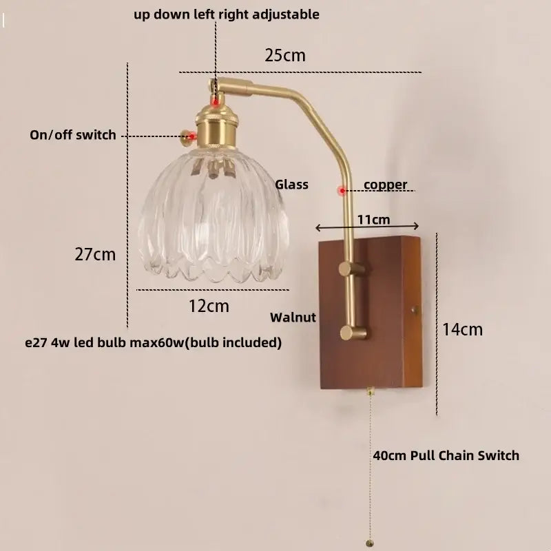 DecorBites LED glass and wood wall lamp with faceted glass shade brass copper finish and walnut wood base for living room