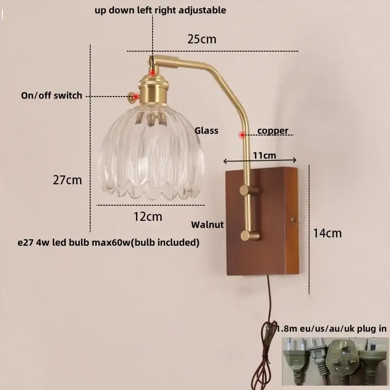 DecorBites™ brass-finished adjustable LED wall sconce with clear glass shade on walnut wood base for living room or bedroom