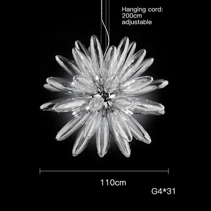 Clear glass DecorBites LED Globe 2025 chandelier in chrome gold with 31 G4 bulbs arranged like flower petals