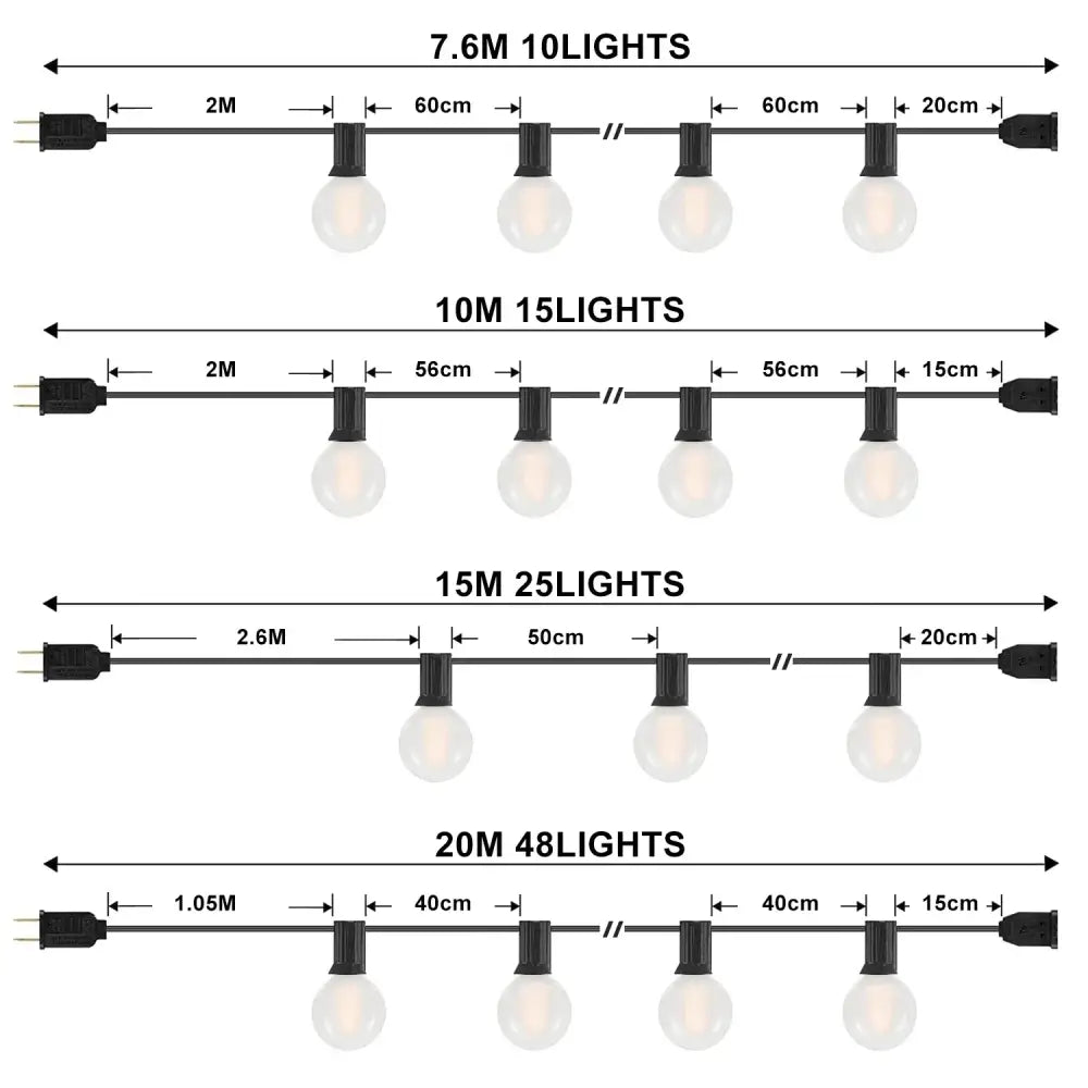 Black string lights with clear round bulbs in sets of 10, 15, 25, and 48 by decorbites led globe for outdoor use