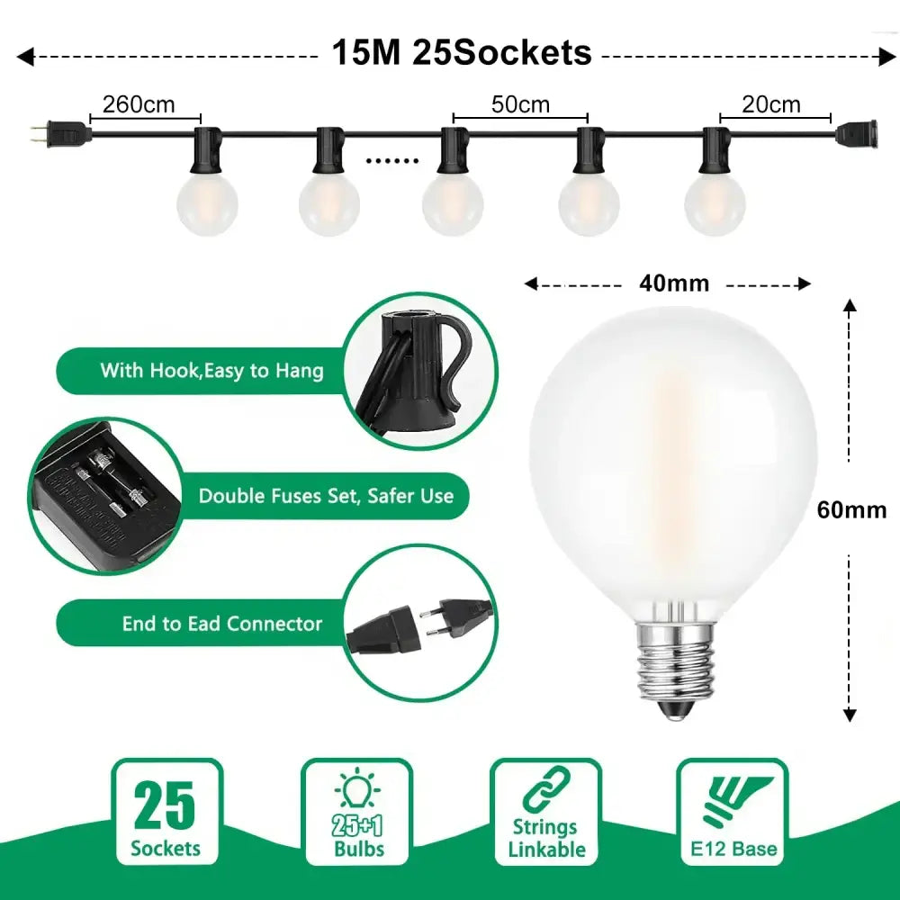 DecorBites led globe string lights 15-meter with 25 warm white e12 globe bulbs and black wiring for outdoor patio decor