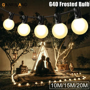 Decorbites led globe string lights with frosted globe bulbs and black fixtures glowing warmly in outdoor patio setting