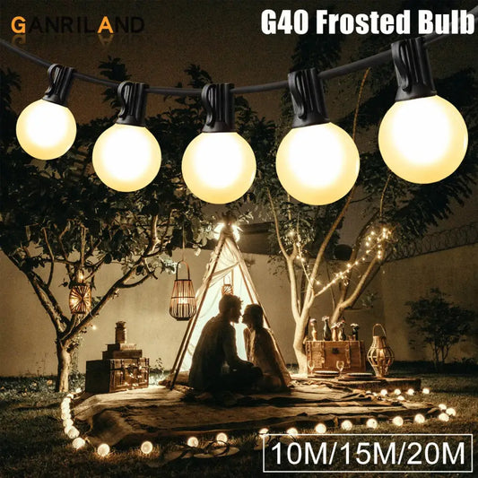 Decorbites led globe string lights with frosted globe bulbs and black fixtures glowing warmly in outdoor patio setting