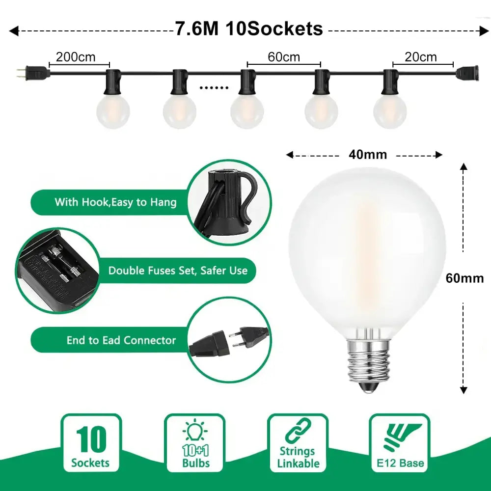 Decorbites led globe string lights 7.6 meter frosted glass bulbs with e12 base for outdoor patio garland use