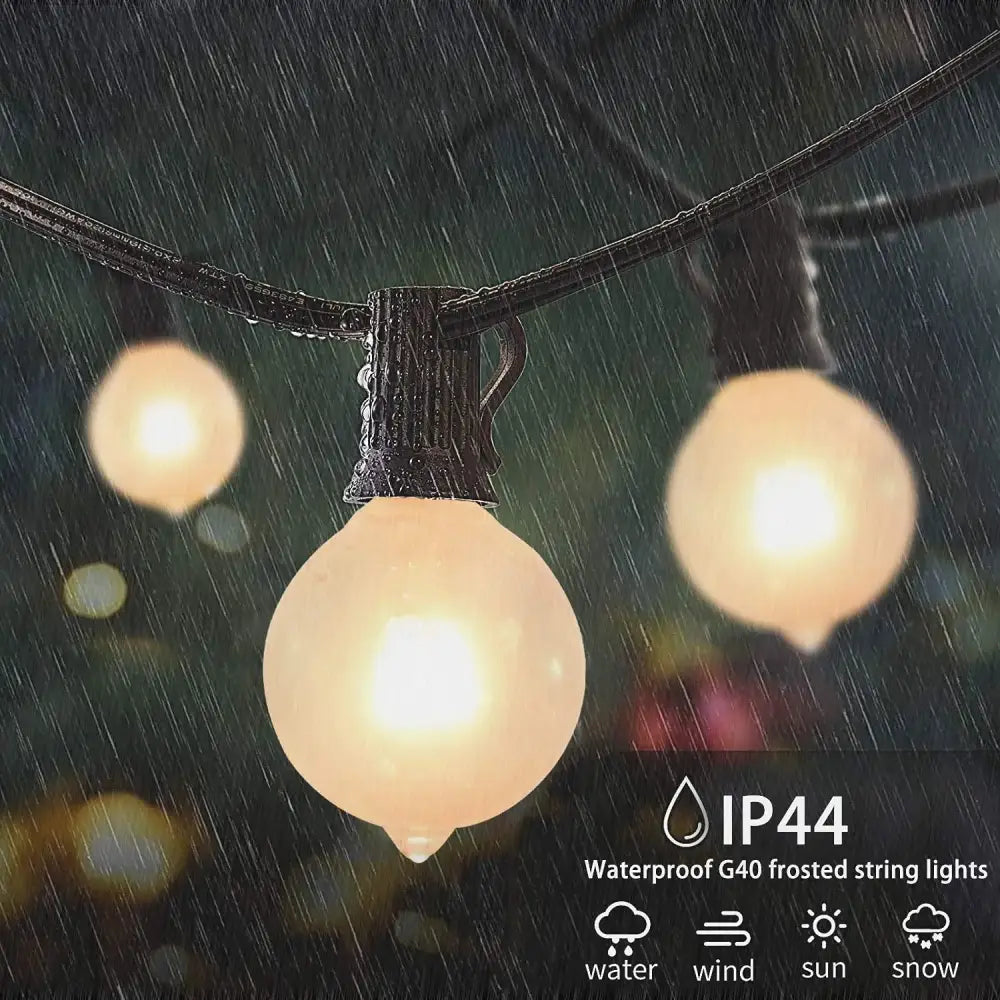 Warm frosted g40 bulb with dark metal fixture on waterproof string lights in decorbites led globe string for outdoor use