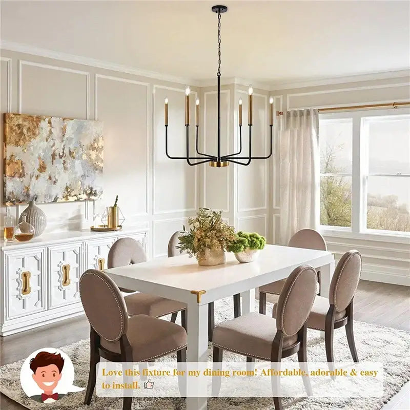 Black wrought iron DecorBites led gold and black candle chandelier with candle-style bulbs for modern living room lighting