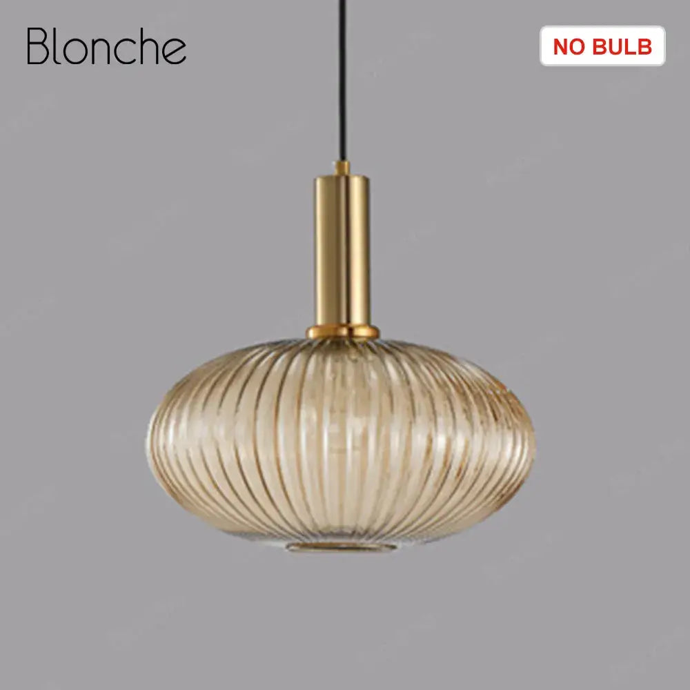 Blonche decorbites led gold chandelier pendant light with gold metal stem and amber ribbed glass shade for home decor