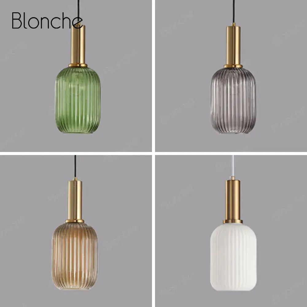 Decorbites led gold chandelier pendant lights with cylindrical ridged glass shades in green gray amber and white