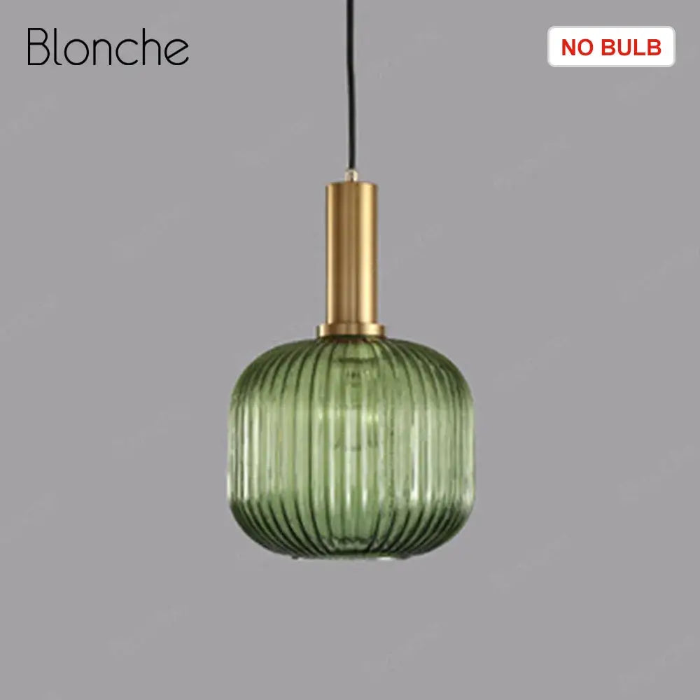 Green ribbed glass pendant lamp with brass metal stem in decorbites led gold chandelier for home decoration
