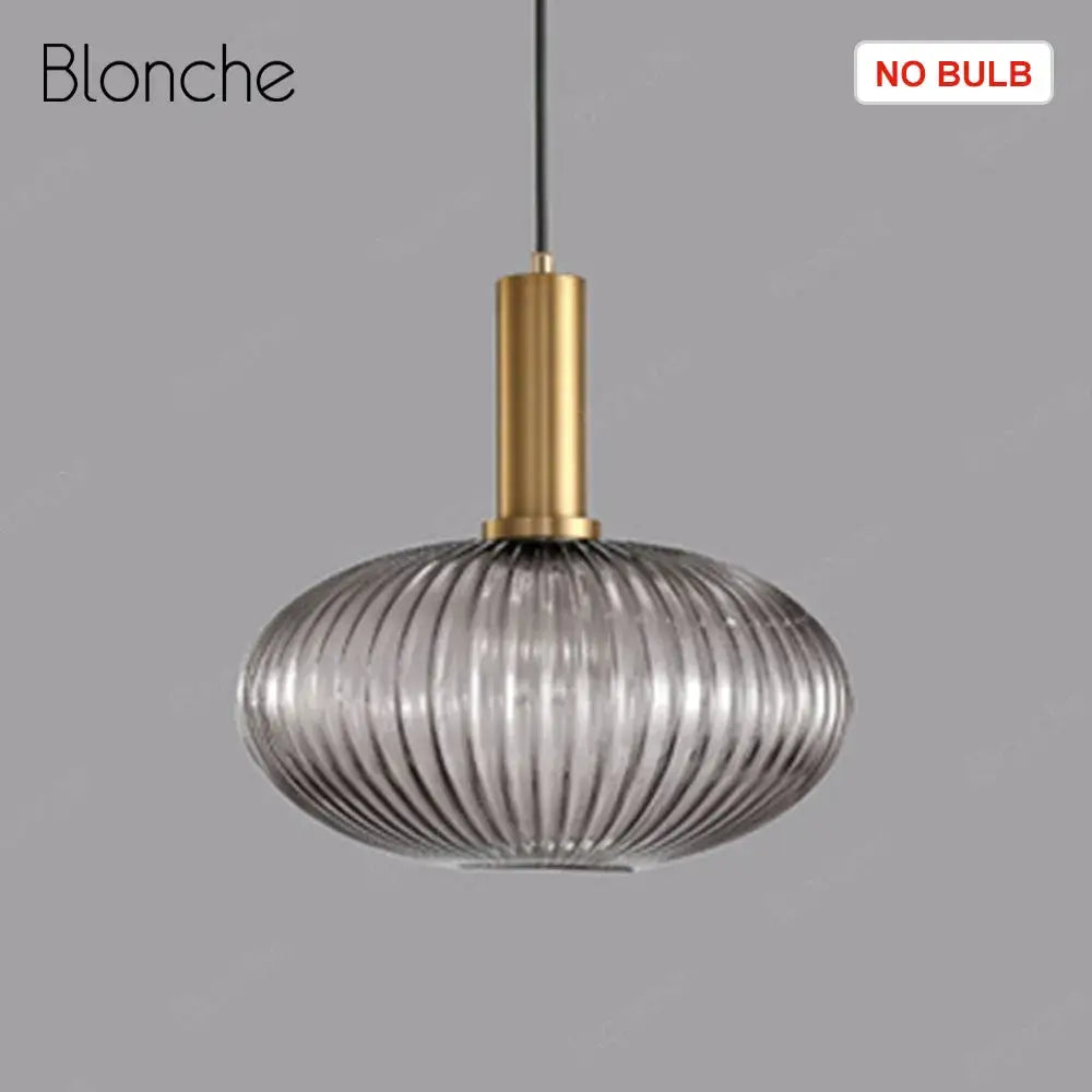 Decorbites led gold chandelier pendant light with gold-toned cylindrical stem and ribbed stained glass shade for home decor