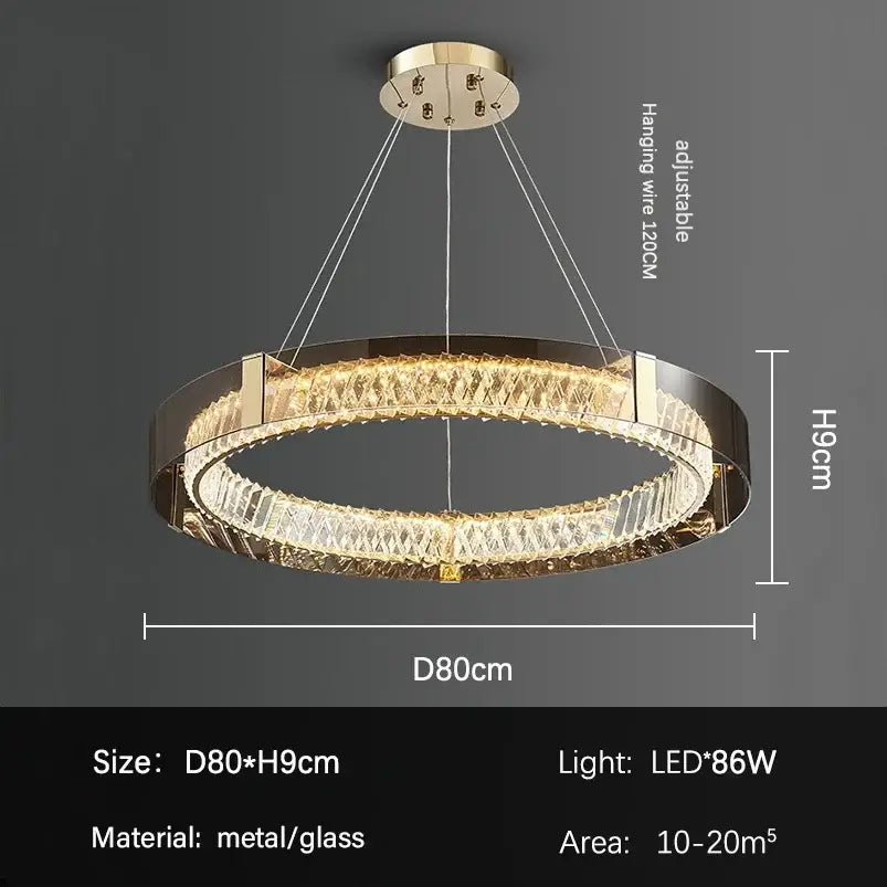 DecorBites LED gold crystal glass ceiling chandelier with gold-toned double-ring design and faceted crystals for living room