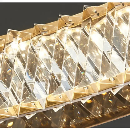 Decorbites led gold rectangular chandelier with faceted clear crystal prisms in a zigzag pattern for living rooms