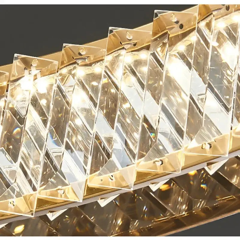 Decorbites led gold rectangular chandelier with faceted clear crystal prisms in a zigzag pattern for living rooms