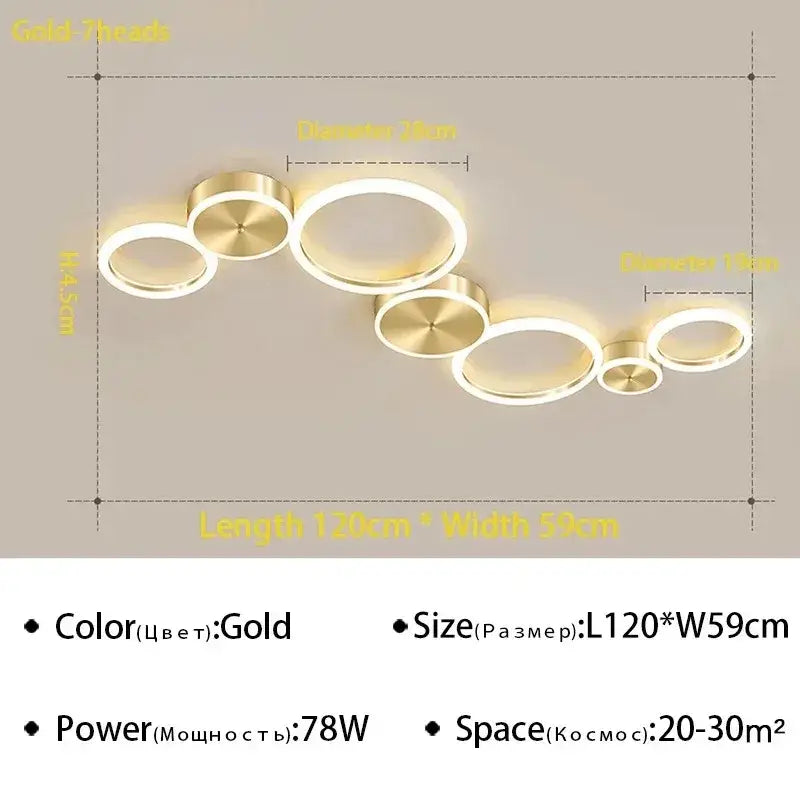 Decorbites led gold ring chandelier featuring multiple circular gold rings for living room bedroom or dining room lighting