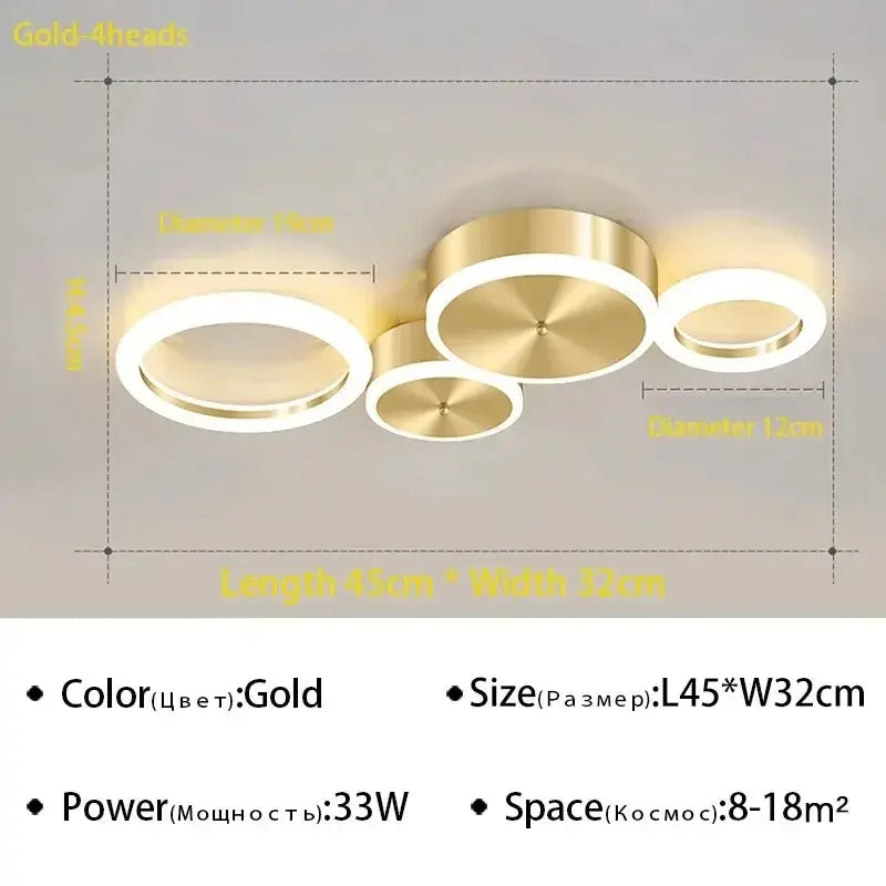 DecorBites™ LED gold ring chandelier with three brushed metal rings in gold for living room bedroom and dining room