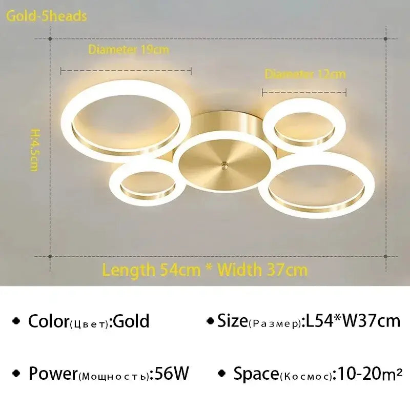 DecorBites led gold ring chandelier with gold circular rings and central disc led lighting for living room and bedroom